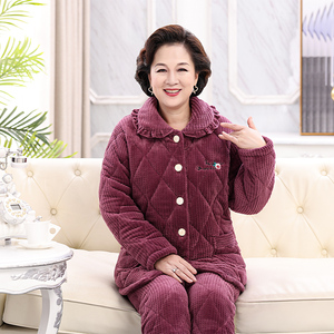 冬季中老年睡衣女妈妈三层夹棉加厚加绒奶奶套装老人保暖家居服