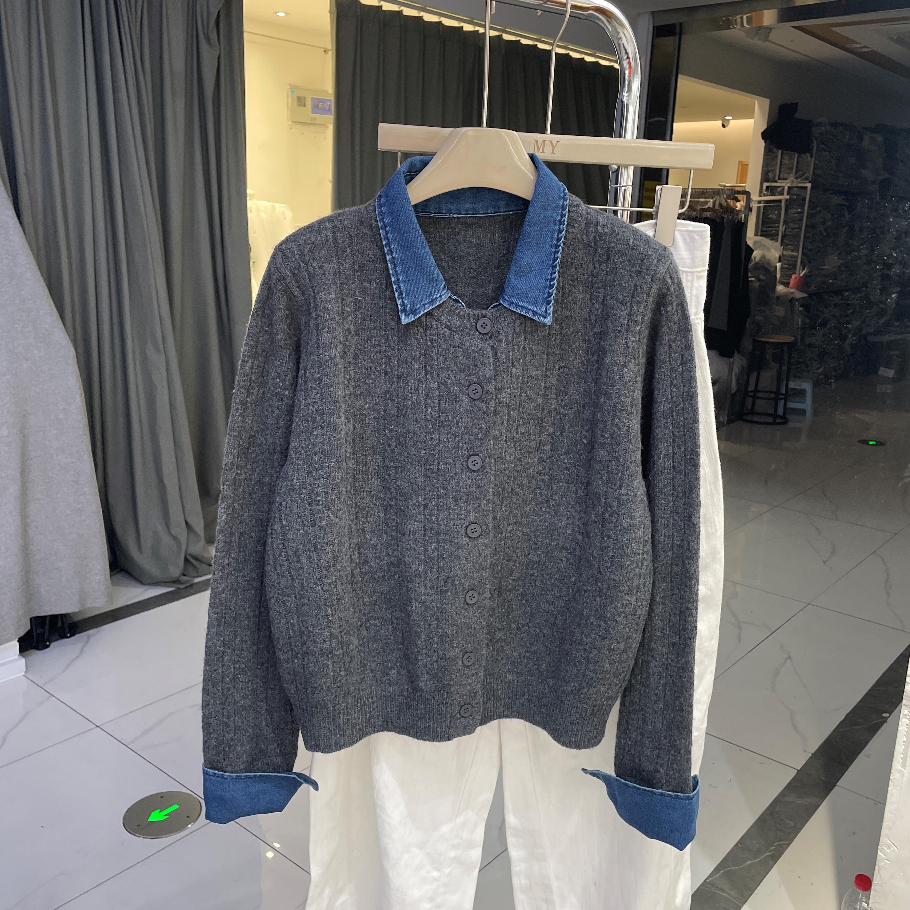 欧货38298领袖口牛仔拼接