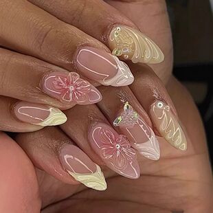 24Pcs Sweet Cool Almond Nail Set Press on Acrylic Nails 3D F