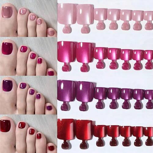 96pcs/Box 4Colors Cat Eye Press-On Toenails French Short Squ