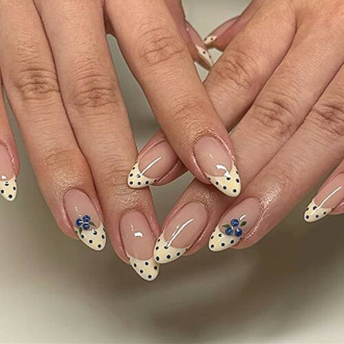Cute 3D Blueberry Blue Polka Dot Beige French Nail Art Summe