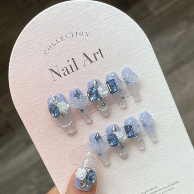 10Pcs Blue Handmade Press On Nails Gradient Flower with Rhin