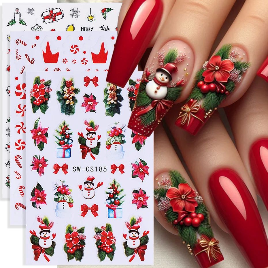 2/3pcs Christmas Nail Stickers Cute Cartoon Snowman Holly Gi