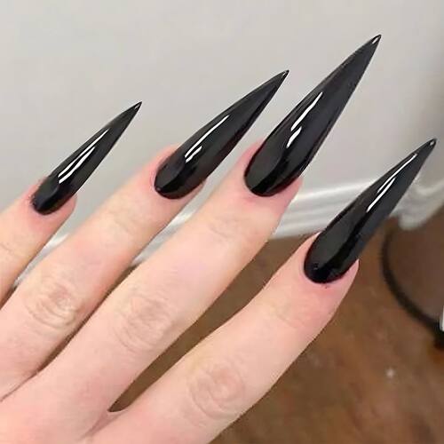 24Pcs Cool Pure Black Long Fake Nails Pointed Tips False Nai