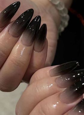 Black Gradient French Halloween Almond Shape Fake Nails Ghos