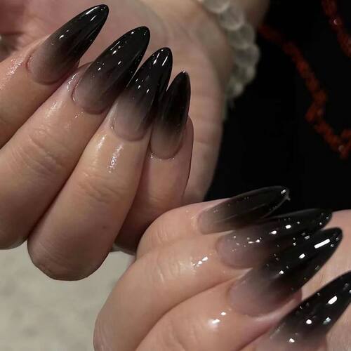 Black Gradient French Halloween Almond Shape Fake Nails Ghos