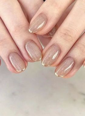 Short French Glitter Pink Fake Nails Press on Set Sequin Cut