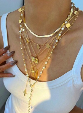 7Pcs Gold Color Cross Tassel Layered Necklace Set For Women