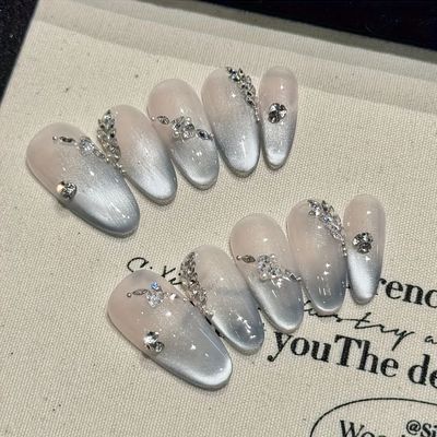 10pcs high-end Light luxury silver cat-eye French diamonds h
