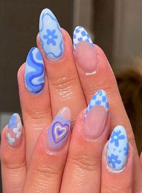 24pcs press on nails  Long Almond Blue Line Love Flower Latt