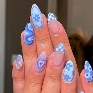 24pcs press on nails  Long Almond Blue Line Love Flower Latt