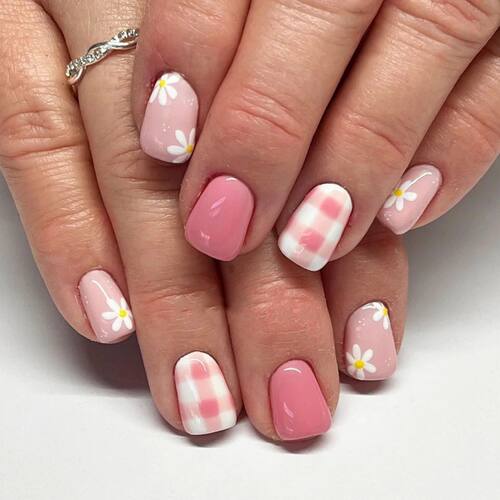 24Pcs Short Square Head Press on Fake Nails White Daisy Deta