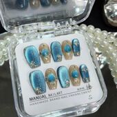 Handmade Press Nails 10Pcs Blue Cat With Glitter Eye Desi