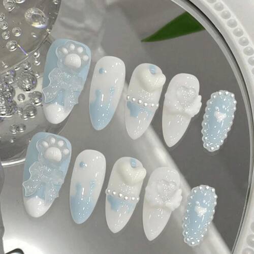 10pcs Handmade Nails Blue Cute Bow Cat Claw Handmade Press O
