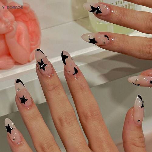 24Pcs Almond Press on NailsStar Diamond Designs for Cool Gir