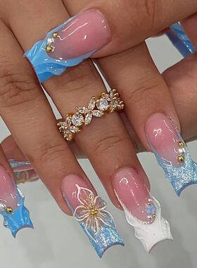24Pcs Blue White Shiny Powder French Press on Fake Nails 3D
