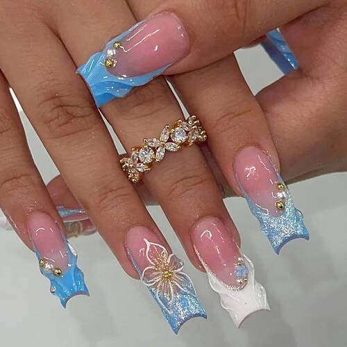 24Pcs Blue White Shiny Powder French Press on Fake Nails 3D