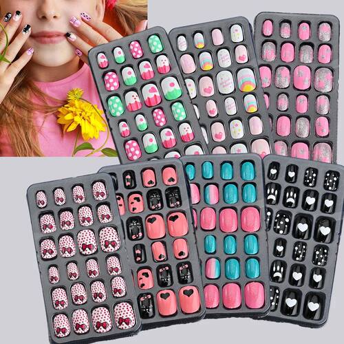 24 Pcs/box Children Cartoon Nail Tips Colorful Artificial Fa