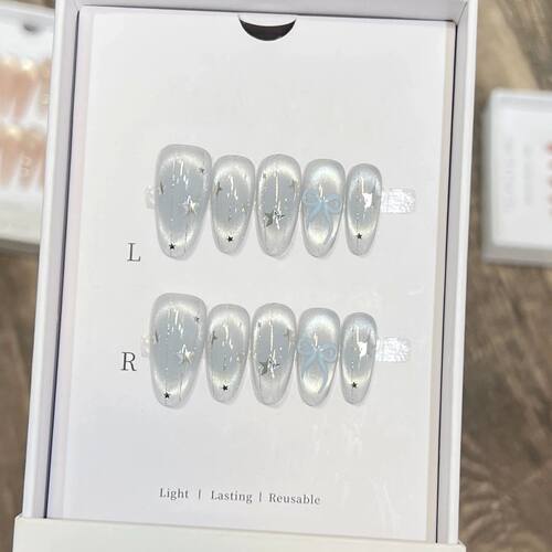 10pc Cat Eye Almond Handmade Press on Nails Light Blue Bow F