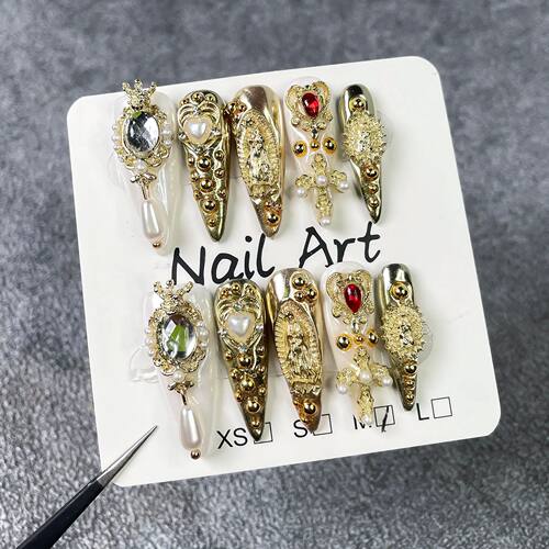 10pcs Golden Stiletto Handmade Press on Nails Retro Fake Nai