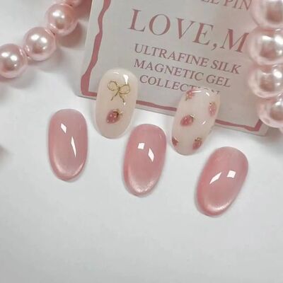 24pcs Oval False Nails French Strawberry Butterfly Cat Eye P