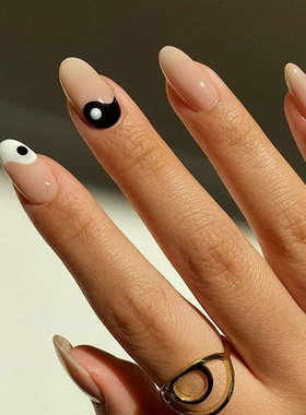 24pcs/box Press On Nails Almond Tai Chi White and Black Wear