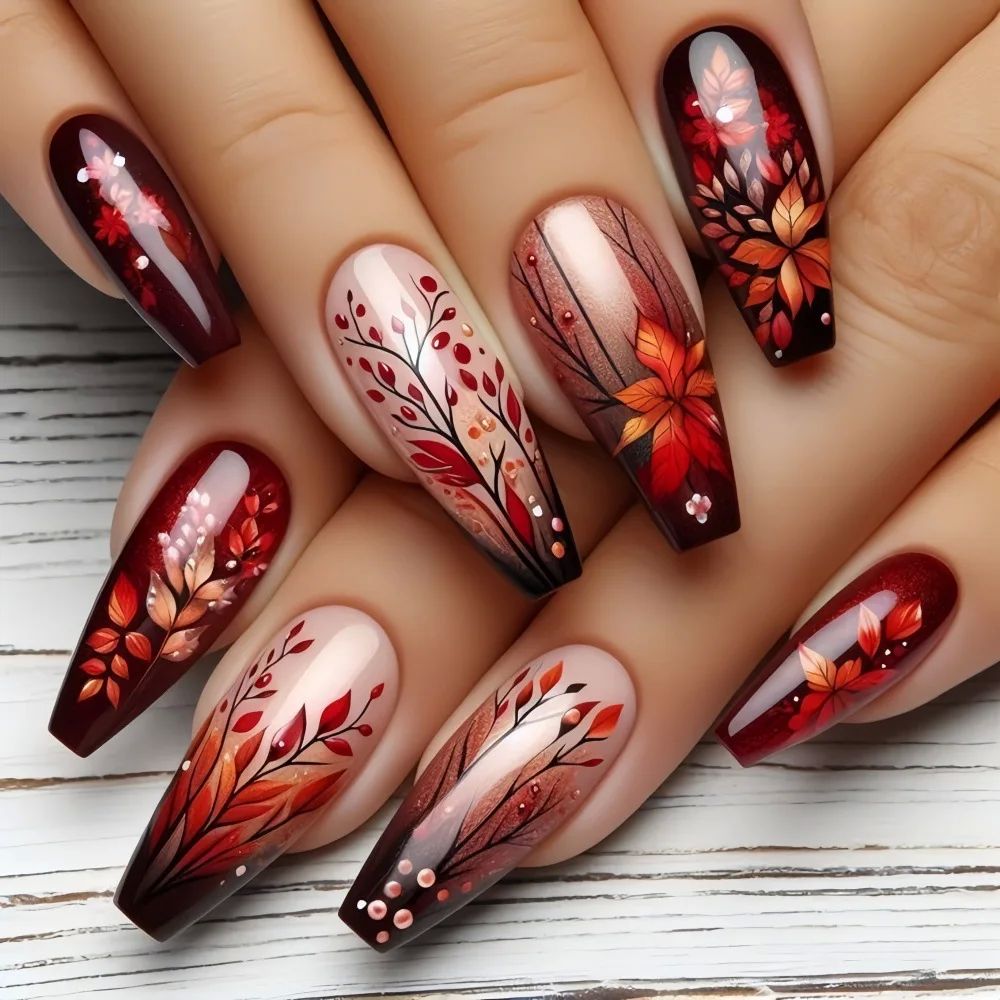 Short Medium long fake nails for Autumn Winter gradient red