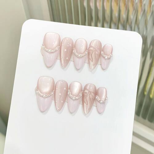 10pcs Handmade Sweet Korean Press on Nails Glitter Pink Cat