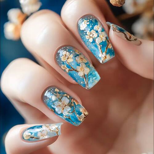 24pcs/set Medium long fake nails for Spring summer season Fl