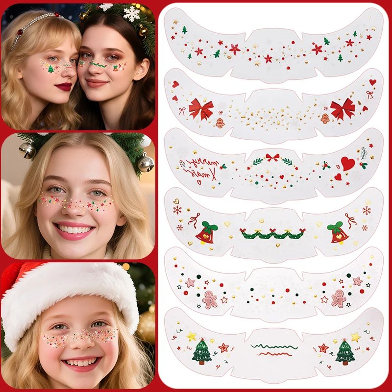 6pcs Christmas Face Tattoo Stickers Bells Bow Hearts Stars R
