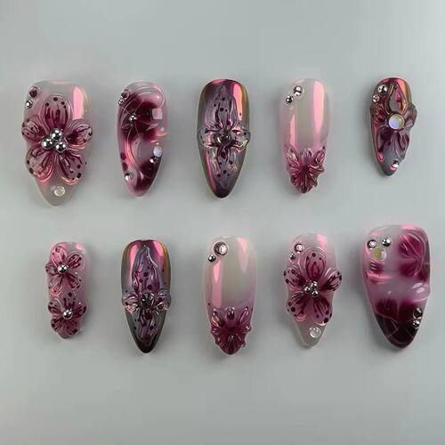 24pcs Flower Print Press on Nails Wine Red Blush Almond Fals
