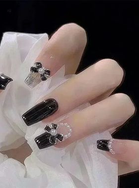 24Pcs Black Bow Detachable Fingernails Ballerina Wearable Fa