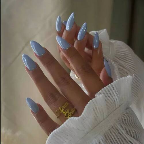 24pcs Blue Glossy Almond Press on Nails Long Girls Reusable