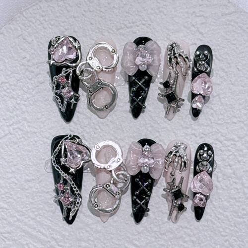 Long Stiletto Press on Fake Nails Blue Heart Diamond Bow Dec
