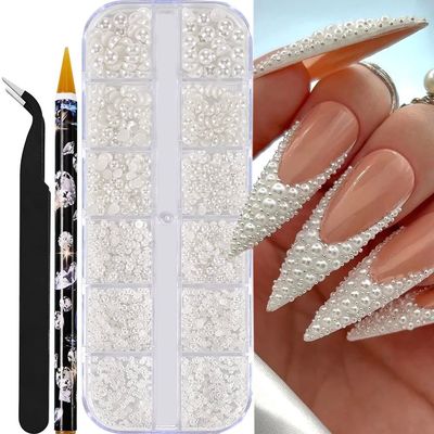 12grids Half Round Pearls Beads 3D Nail Charms 1.5/2/2.5/3/4