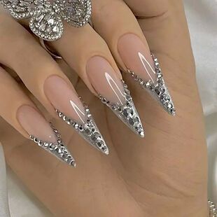 24Pcs French Almond False Nails Glitter with Rhinestones Wea