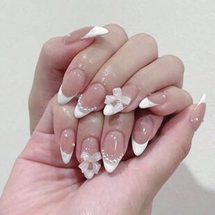 24 pieces wearing nail almond shape white French pointed pea