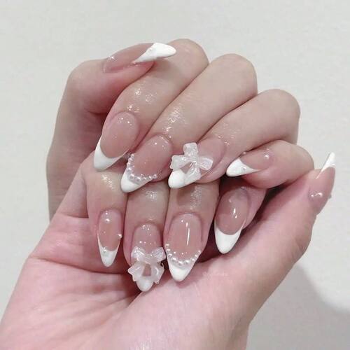 24 pieces wearing nail almond shape white French pointed pea