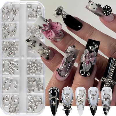 12 Grids Punk Silvery Golden Rivets Style Nail CharmsMetal G