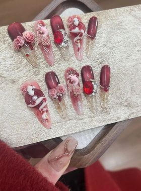 Red Handmade Stiletto Nails Full Cover Lucky Snake Rhineston