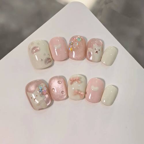 10pcs Handmade Press-On Nails Set - Cute Cat Bow Tie Love De