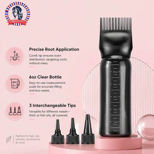 Hair Oil Application Bottle, with 3 Pointed Mouth Caps and 6