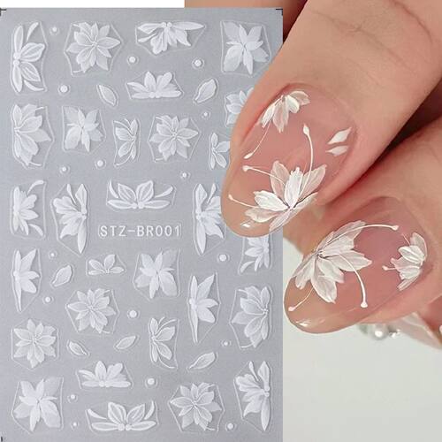 3D White Flower Nail Art Stickers Cute Floral Adhesive Slide