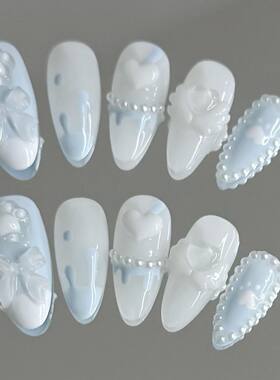 Handmade Press on Nails with Cute Bear Paw Design Light Blue