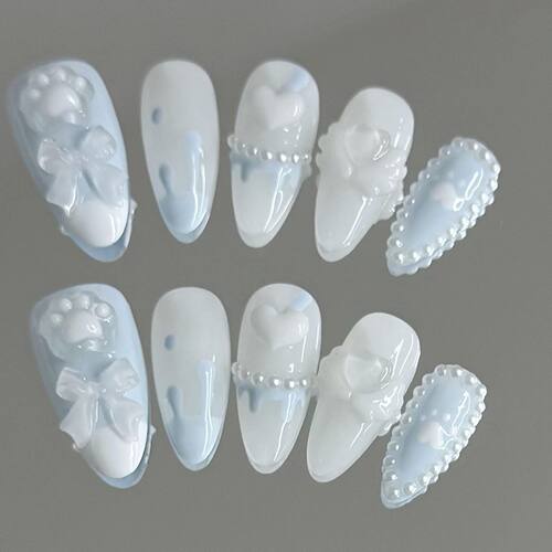 Handmade Press on Nails with Cute Bear Paw Design Light Blue