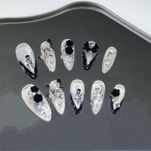 10Pcs Black Almond Handmade Press on Nails Butterfly Fake Na