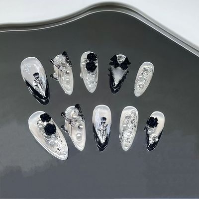 10Pcs Black Almond Handmade Press on Nails Butterfly Fake Na