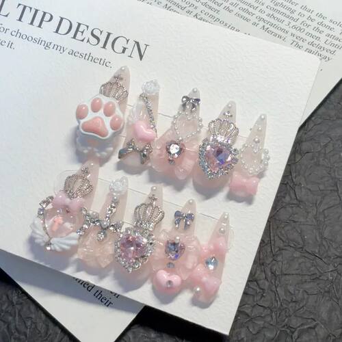 10PCS Cute Jirai Kei Short Almond Handmade Press on Nails Wh