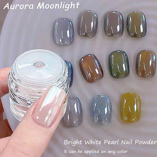 Pearl White Nails Glitter Dust Chrome Moonlight Rubbing on P