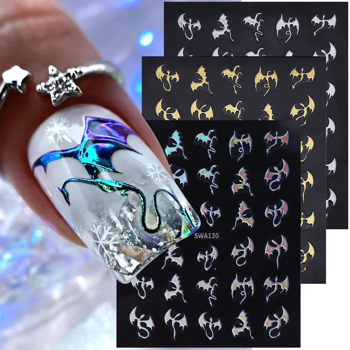 3pcs Metallic Dragon Nail Stickers Bronzing Flying Devil Des